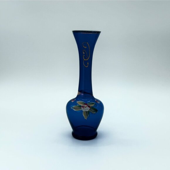 Vintage Bohemian Cobalt Blue Bud Vase Gold Gilt, Hand Painted 8" tall - Picture 10 of 11
